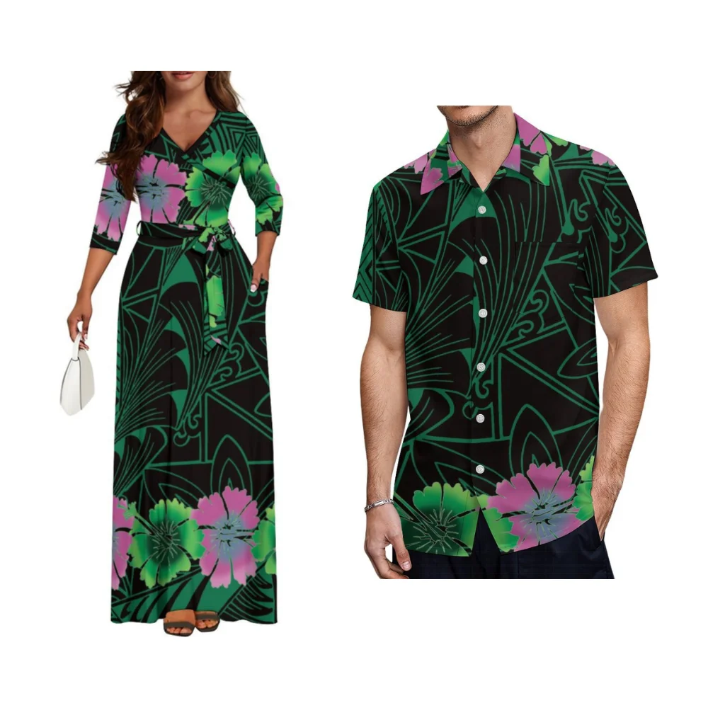 Aanpasbare Polynesische Paar Set Vrouwen Slanke Jurk Mannen Shirt Samoa Hawaii Print Tropische Datum Nacht