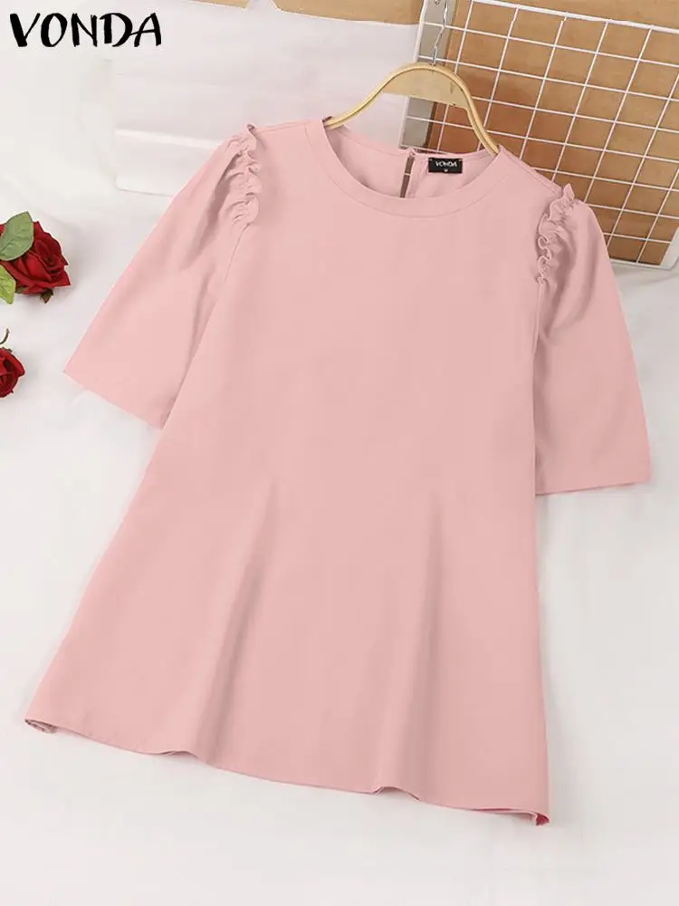 2024 VONDA estate donna top camicie eleganti camicetta arruffata tinta unita tunica manica corta o-collo Casual sciolto Blusas Femininas