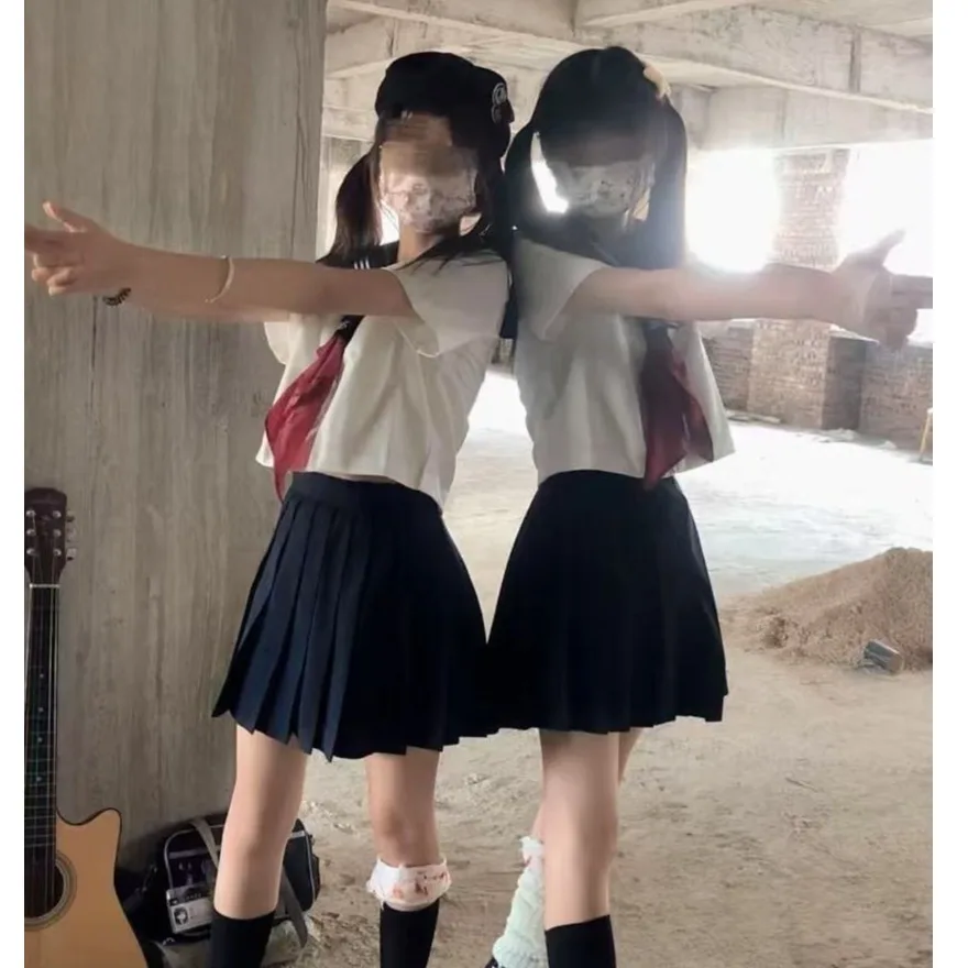 Plus Size Zomer JK orm ort Rok Set Kleine Basic Sle Matrozenpakje V-Ne ort Sve Rode Kraag Tweedelige set