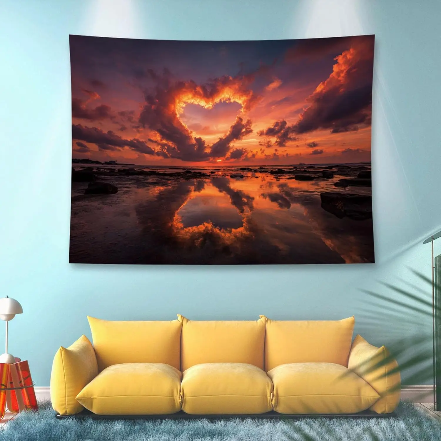 Heart Sunset Tapestry - Romantic Ocean Sky Wall Art, Colorful Cloud Reflection Decor, Living Room Bedroom, Multiple Sizes