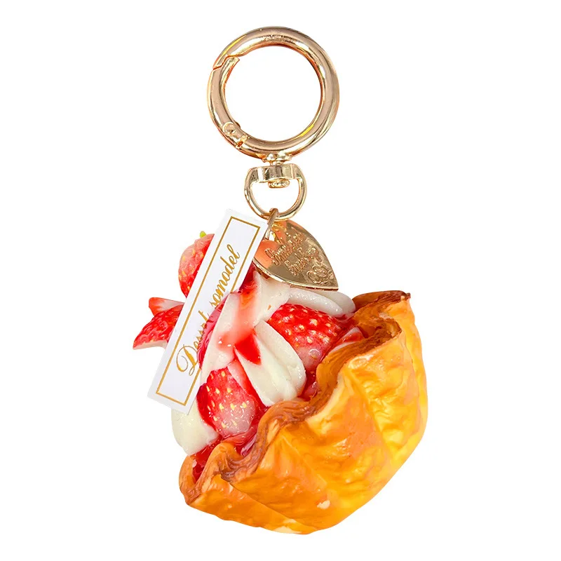 Creative PU Strawberry Egg Tart Keychain Realistic Dessert Bag Charm Ice Cream Key Ring Backpack Pendant Car Accessory Gift view 6