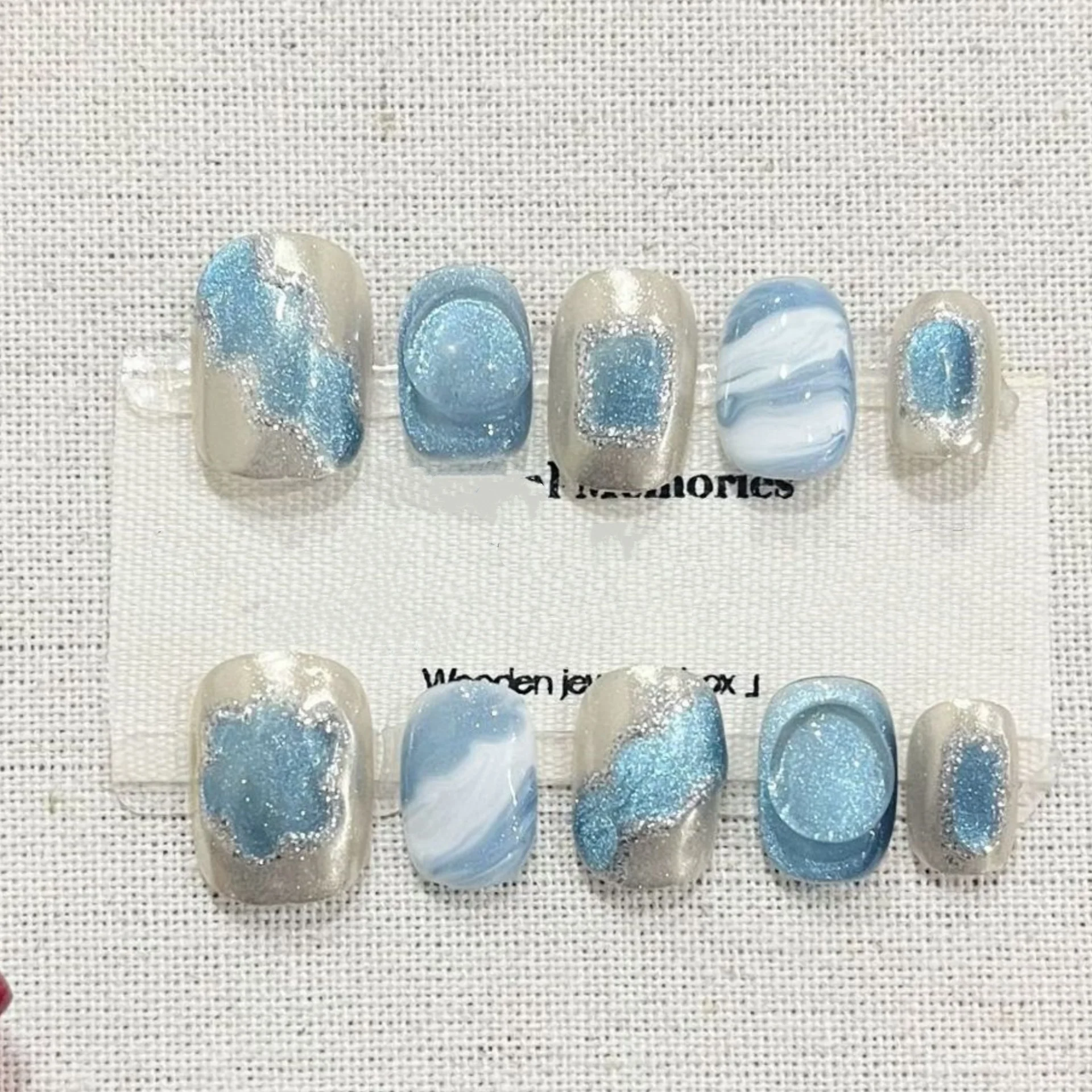 10개 블루 캣츠아이 핸드메이드 프레스온 네일 여름 과일 숏 네일 팁 스퀘어 라운드 인조 네일 아트 웨어러블 가짜 네일 세트
