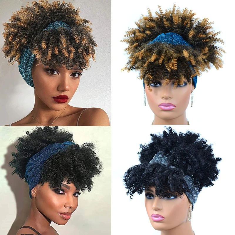 Pelucas para envolver la cabeza, diadema, envoltura de cola de caballo, turbante corto, peluca envolvente Updo, rizado Afro Puff con flequillo, peluca con cordón para mujeres negras