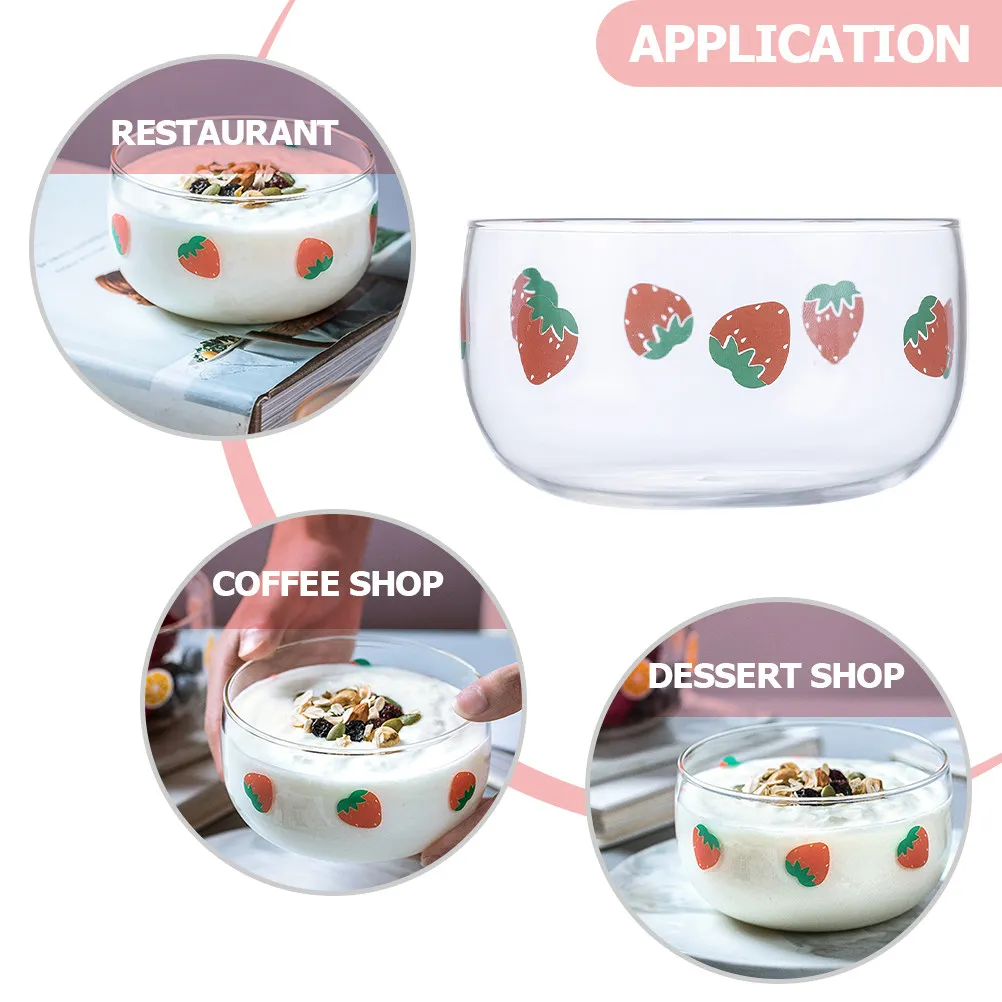 4Pcs Clear Glass Bowl Strawberry Pattern Rural Romantic Fruit Salad Dessert Serving Dish Kitchen Home Nordic Style Decorative