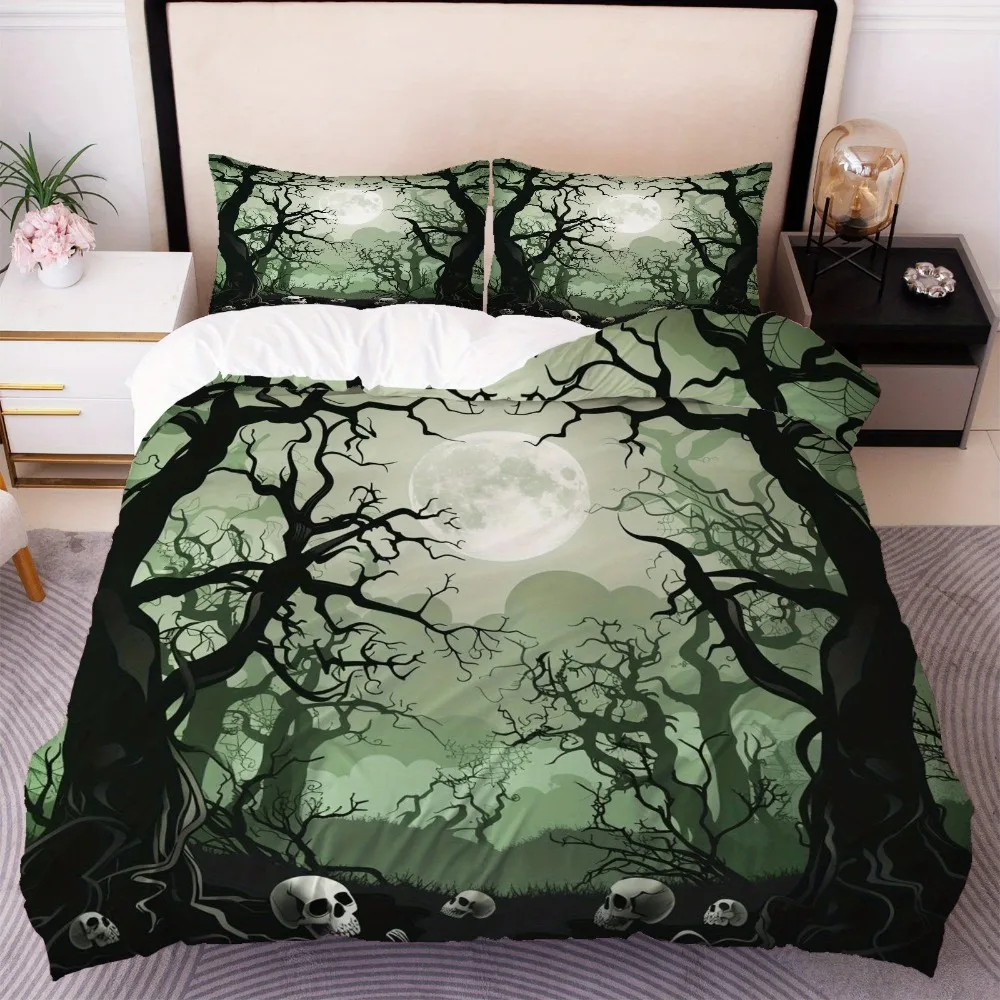 Set biancheria da letto di Halloween Teschio Nebbia Foresta Alberi appassiti Stampa Copripiumino accogliente King Queen Twin Size Regalo di compleanno Arredamento camera da letto
