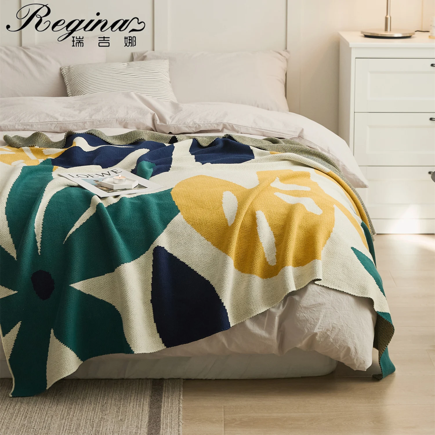 REGINA Leaf Jacquard Knitted Blanket Fluffy Soft Cotton Dawn Twilight Design Pastoral Living Room Sofa Bed Decorative Blankets