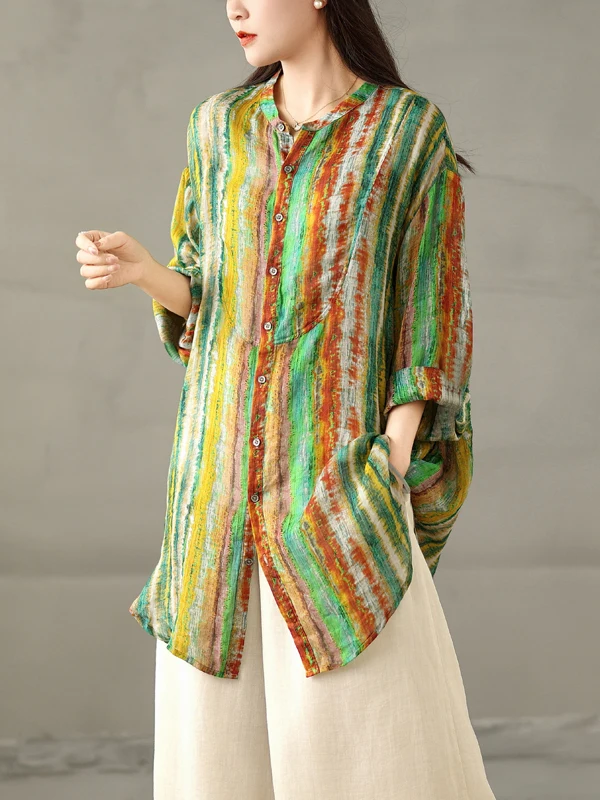 Arttistique arc-en-ciel rayé teint imprimé coton lin irt grande taille femmes simple bouton Long Sve col montant protection solaire...