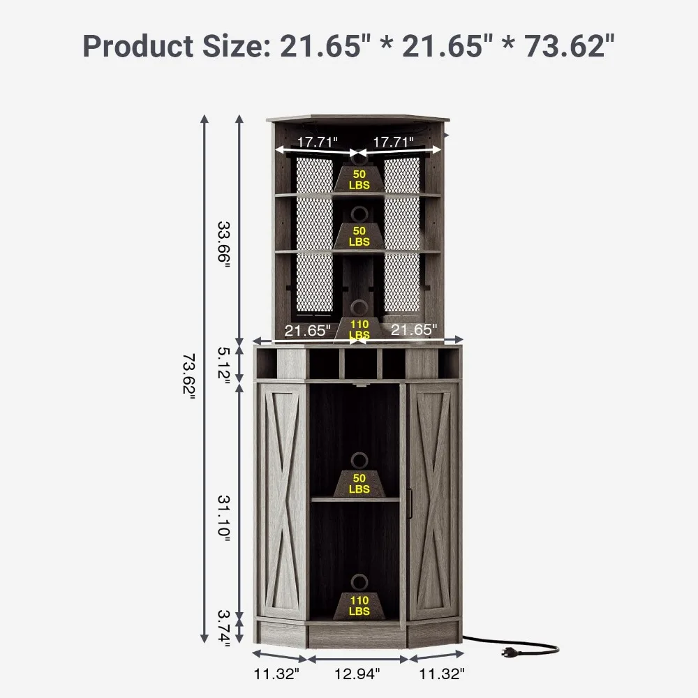 Alto Bar Canto Gabinete com 2 Prateleiras ajustáveis, café e vinho Rack, LED RGB Power Outlet, Novo, 2024