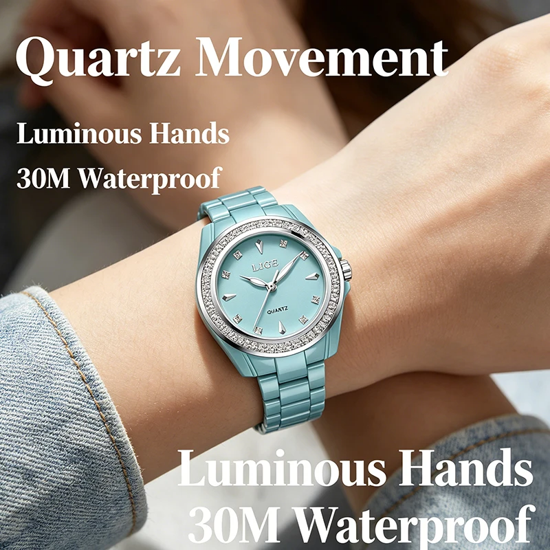 LIGE Ladies Watch 2026 casual fashion ceramic luminous waterproof quartz clock vintage elegant Women's wristwatch reloj de mujer