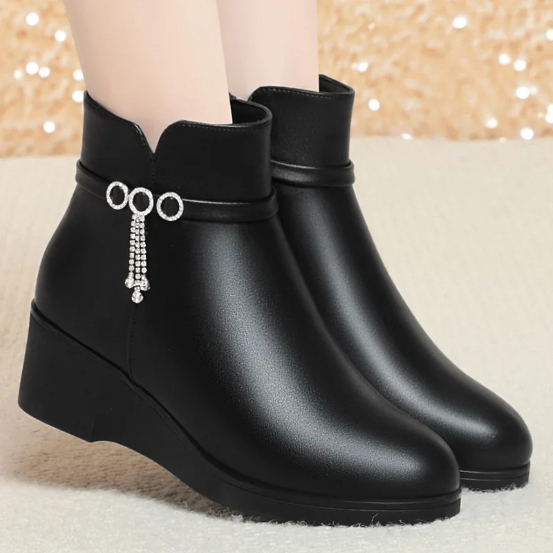 Women Round Toe Black Ankle Boots Winter Slide Fastener Wedges Heels Short Plush Warm Anti Slip Office Casual Walking Shoes