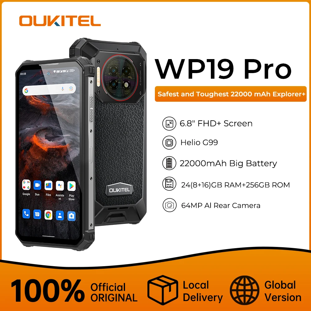 Oukitel WP19 Pro Rugged 22000mAh Battery 24GB 256GB 64MP Rear Camera 120Hz Helio G99 33W Fast Charge