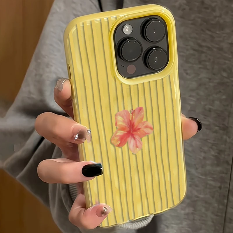 노란색 줄무늬 핑크 꽃무늬 감성적인 아이폰 17 프로 16 15 14 13 12 11 프로 맥스 플러스 에어 주름 텍스처 TPU 케이스