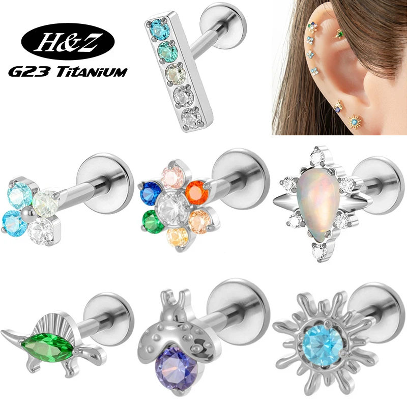 1PC G23 Titanium Four Petal Flower CZ Stud Earring Internally Threaded Flat Back Cartilage Tragus Stud Labret Piercing Jewelry