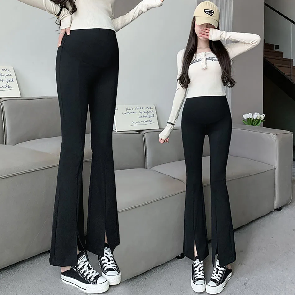 

Spring Autumn Maternity Flared Pants Front Slit Women Pregnant Casual Clothes with Adjustable Belly Support for Comfortable Fit