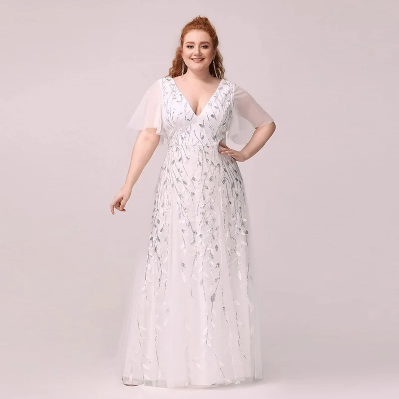 

Plus Size White V Neck Sheer Flutter Sleeve Silver Leaf Sequin Tulle Maxi Dress Empire Waist Flowy A Line Wedding Bridal Evening