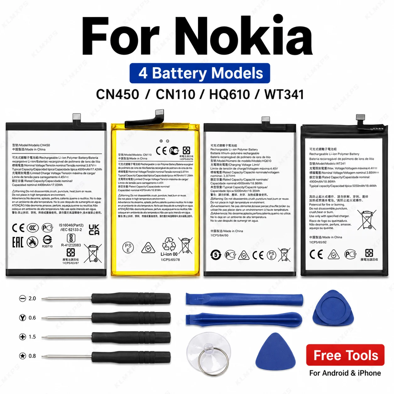 4500mAh High Capacity Replacement Battery for Nokia X20 5G G400 5G G21 NKG60 CN110 CN450 HQ610 WT341 LPN388405 + Free Tools