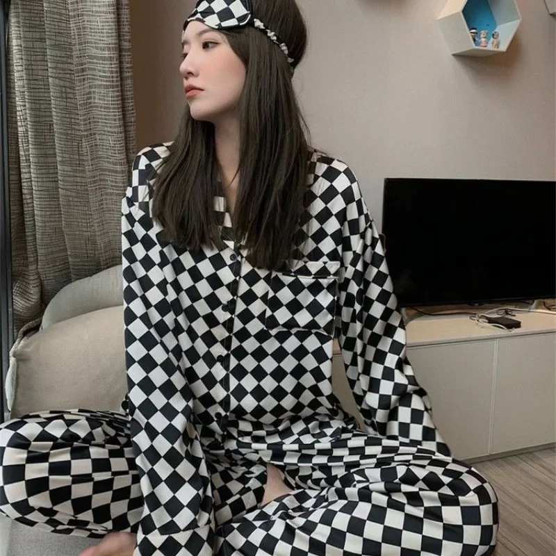 Pyjama en damier pour femme, vêtements d'intérieur, grande taille, design imbibé, version coréenne, printemps et automne, nouveau, 2 pièces