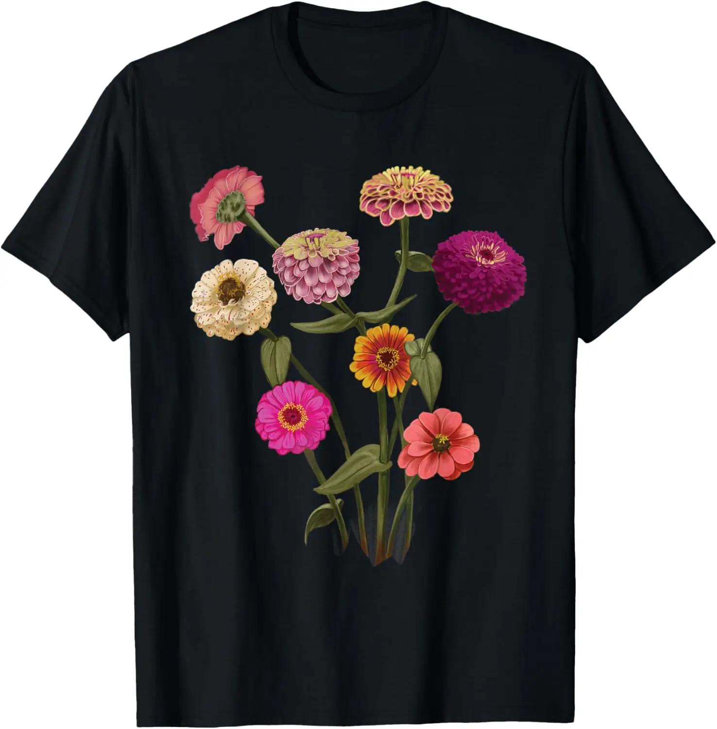 

Fashion style - Happy Zinnia Wildflowers, Handpainted Style Graphic T-Shirt T-Shirt