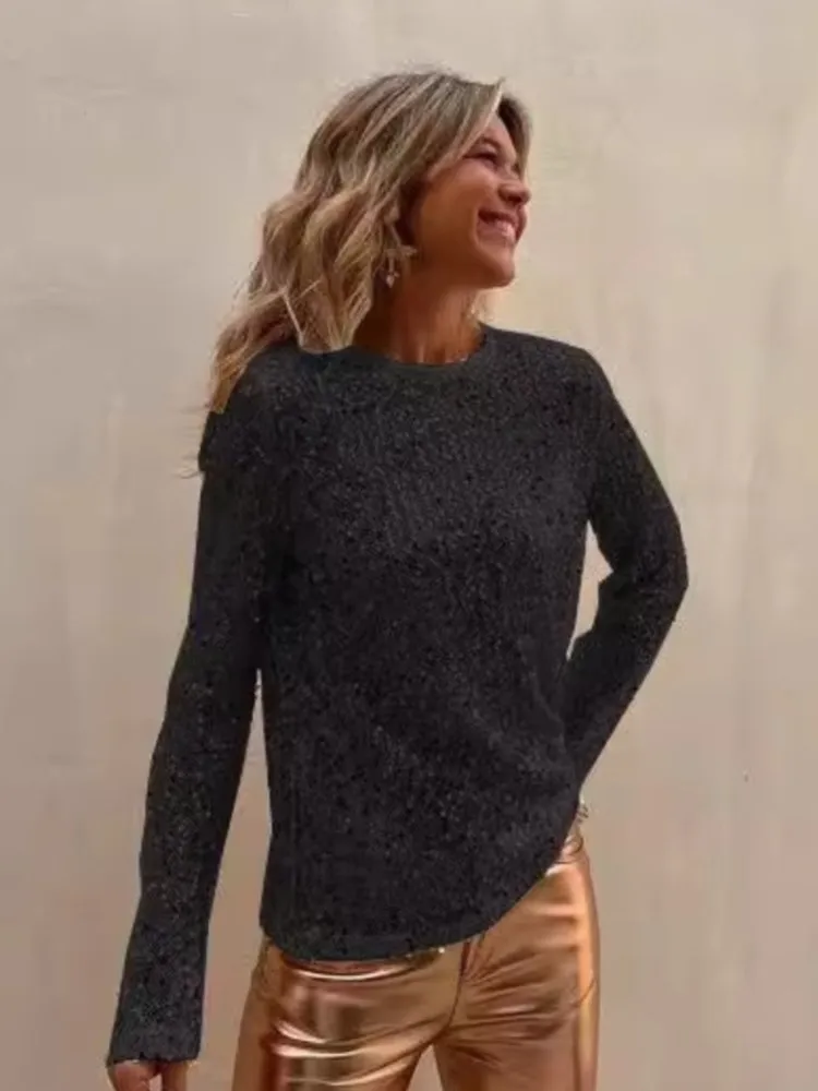 Weibliche Frühling Herbst Mode Oansatz Top Ausländischen Stil Glitter Lose Langen Ärmeln Solide Hemd Damen Temperament Büro Blusen