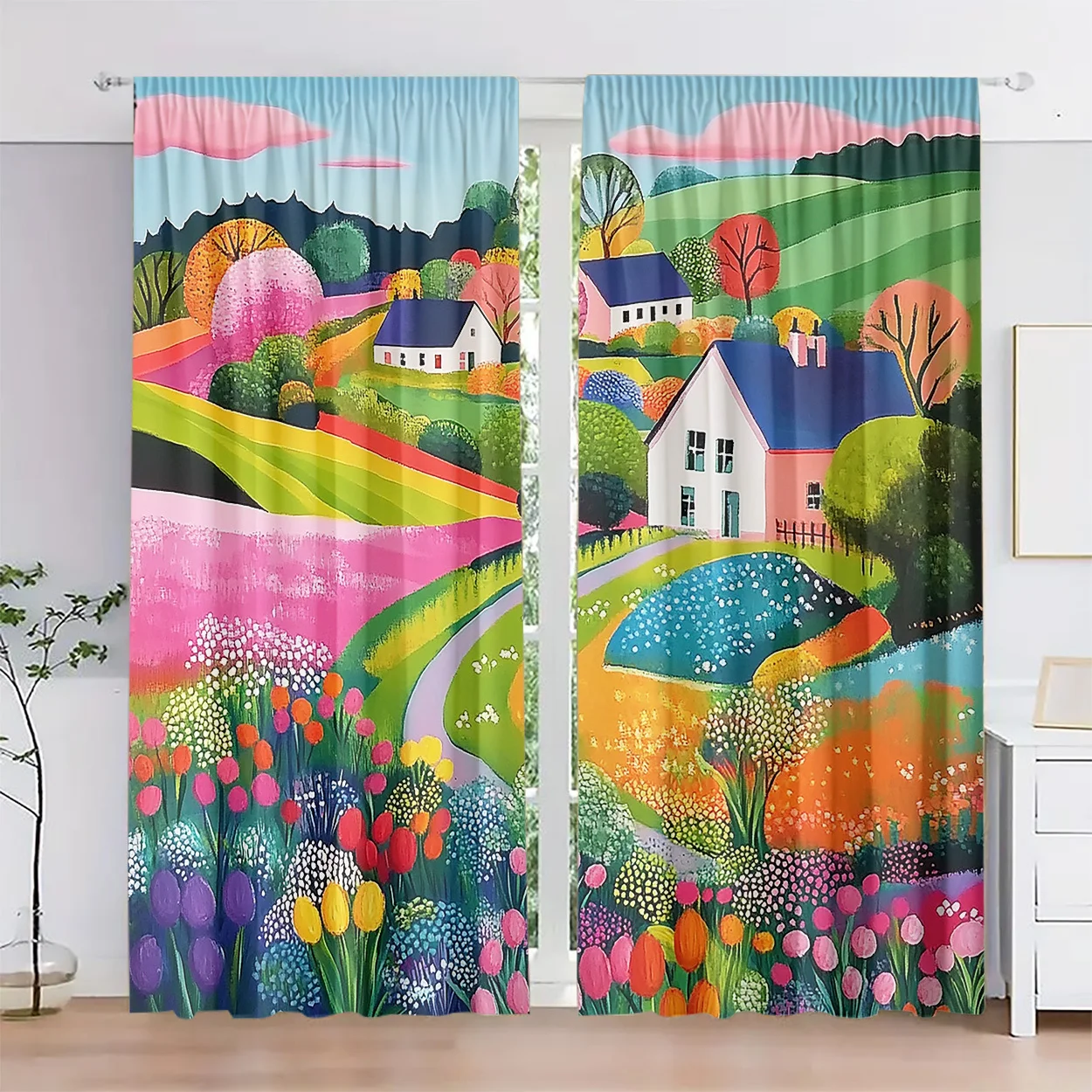Matisse-style fairy-tale pastoral oil painting curtain with rod pocket design easy to hang, suitable for living room and office