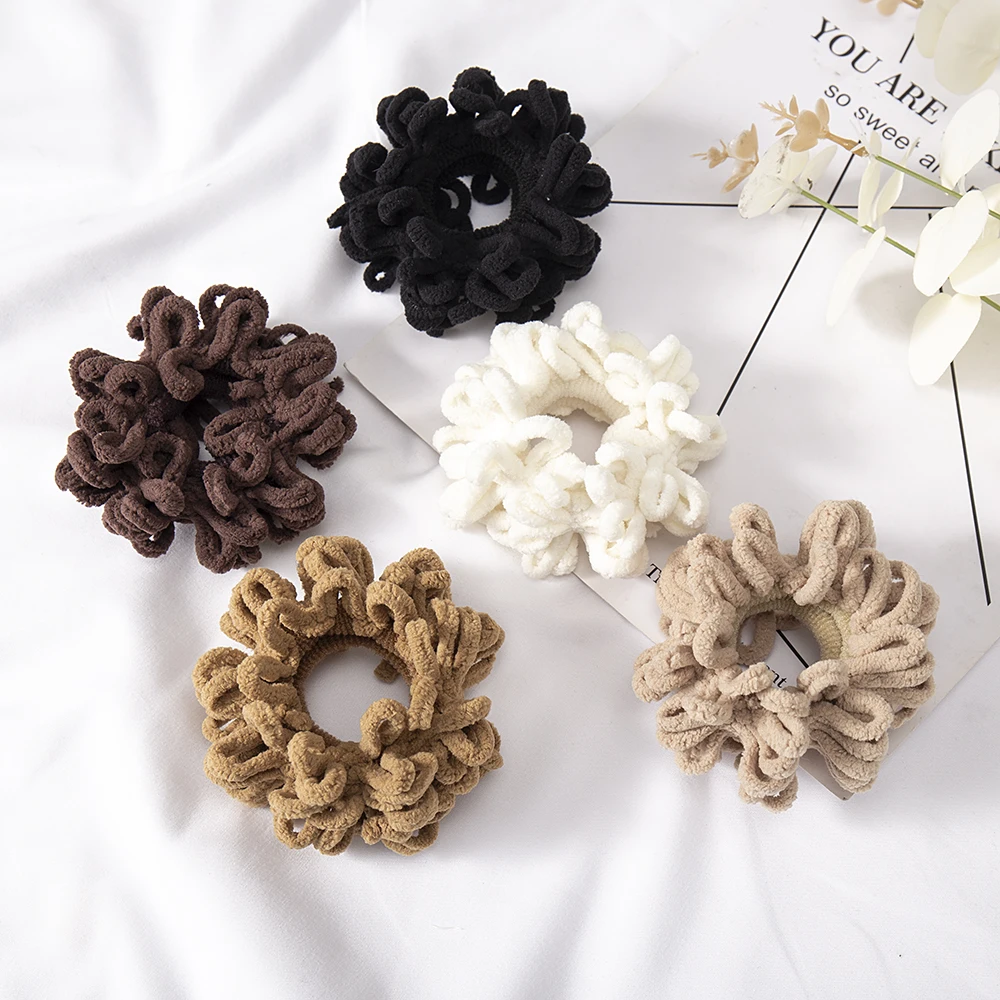 5Pcs Women Solid Flods Plush Soft Scrunchies Elastic Hair Bands Ponytail Hold Hair Ropes Tie Rubber Fashion Hair Accessories