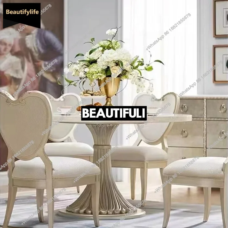 B567 American light luxury marble dining table and chair combination modern simple round French solid wood