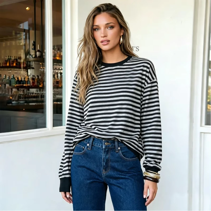 Fashion Harajuku Striped Contrasting Autumn And Winter New Round Neck Loose Long Sleeved T-shirt Individuality Simple Casual Top