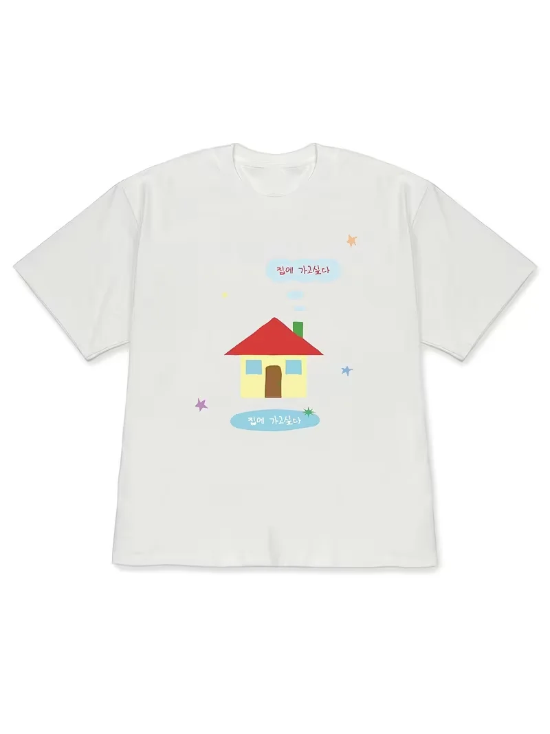 Cartoon Red House T-shirt Korean Printed Loose Oversized Short Sleeved Shirt Ladies' Round Neck Daily Cute Top