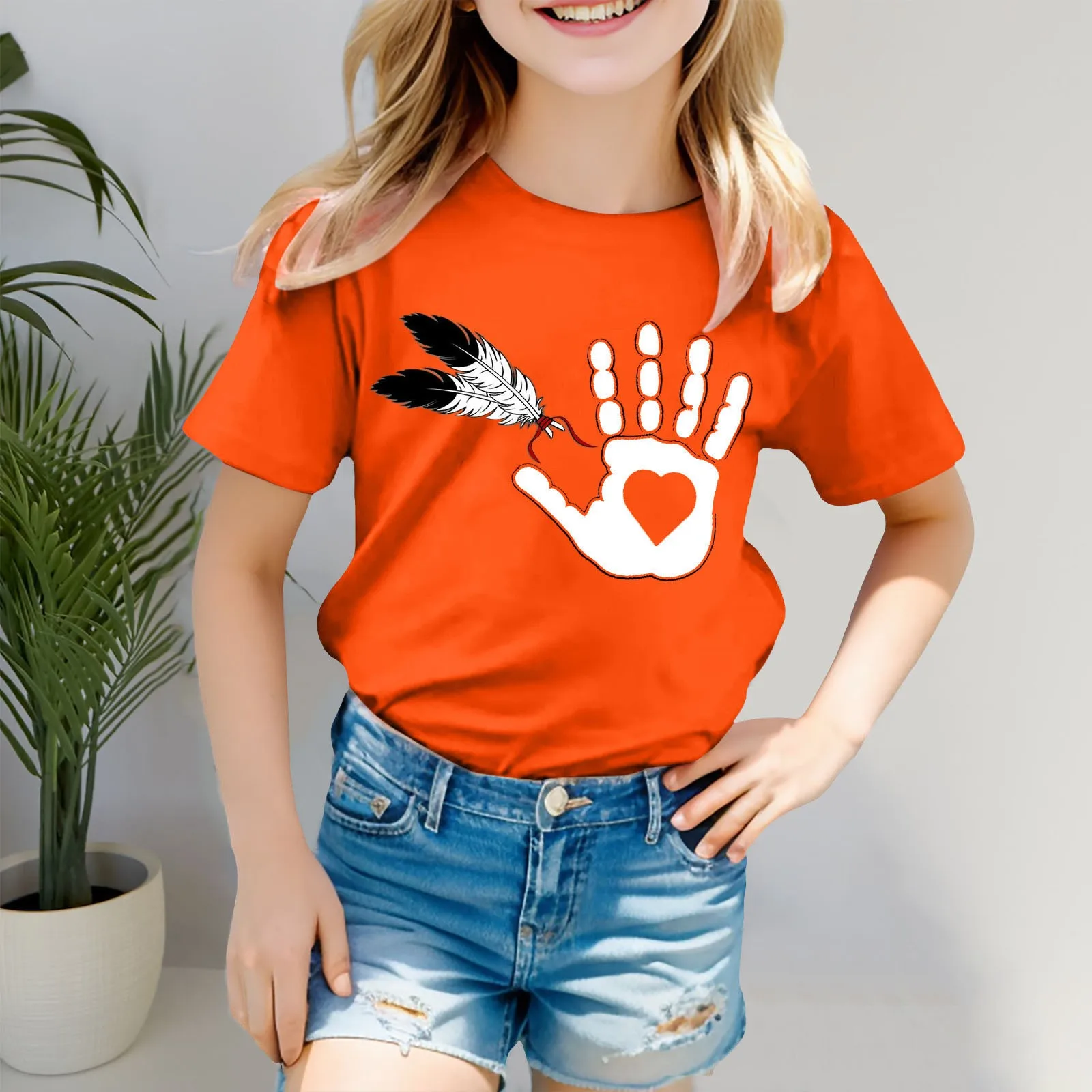 New Coils Graphic Tee Orange Shirt For Kid Girls Short Sleeve Tee Crew Neck T Shirt Casual Fit Basic Shirts Non Sweat Undershirt