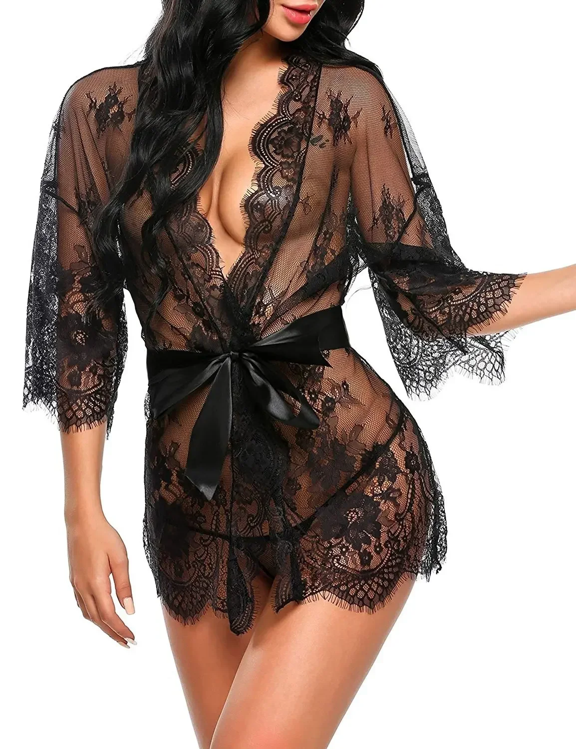 New Sexy Lace Transparent Ruffles Robe Women Lingerie See-through Babydolls Underwear Sleepwear Night Dress Erotic Sex Clothes