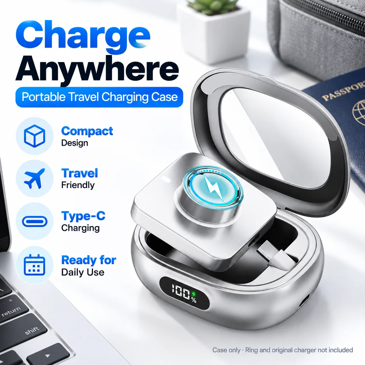 Smart Ring Charging Case Portable Charger Box for Oura Ring Gen 4 & 3 Fitness Rings with Magnetic Charge Port