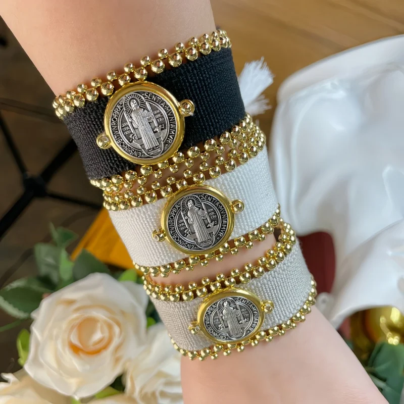 1 قطعة بوهيميا رمز ديني التيتانيوم الصلب مطرز سوار للنساء الذهبي مطلي قابل للتعديل شرابة اليد المعصم مجوهرات الأزياء