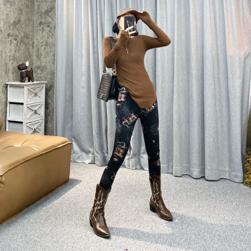 

Тонкие внешние леггинсы для женщин, модные китайские бархатные эластичные колготки с принтом дракона, брюки в стиле ретро с девятью точками