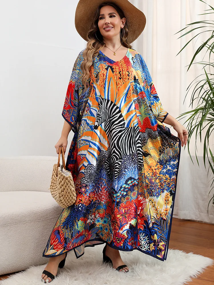 Maxi Beach Dresses Zebra Horse Printed Printed Kaftans for Women India Africa Tunic Plus Size Bathing Suits Holiday Beachwear