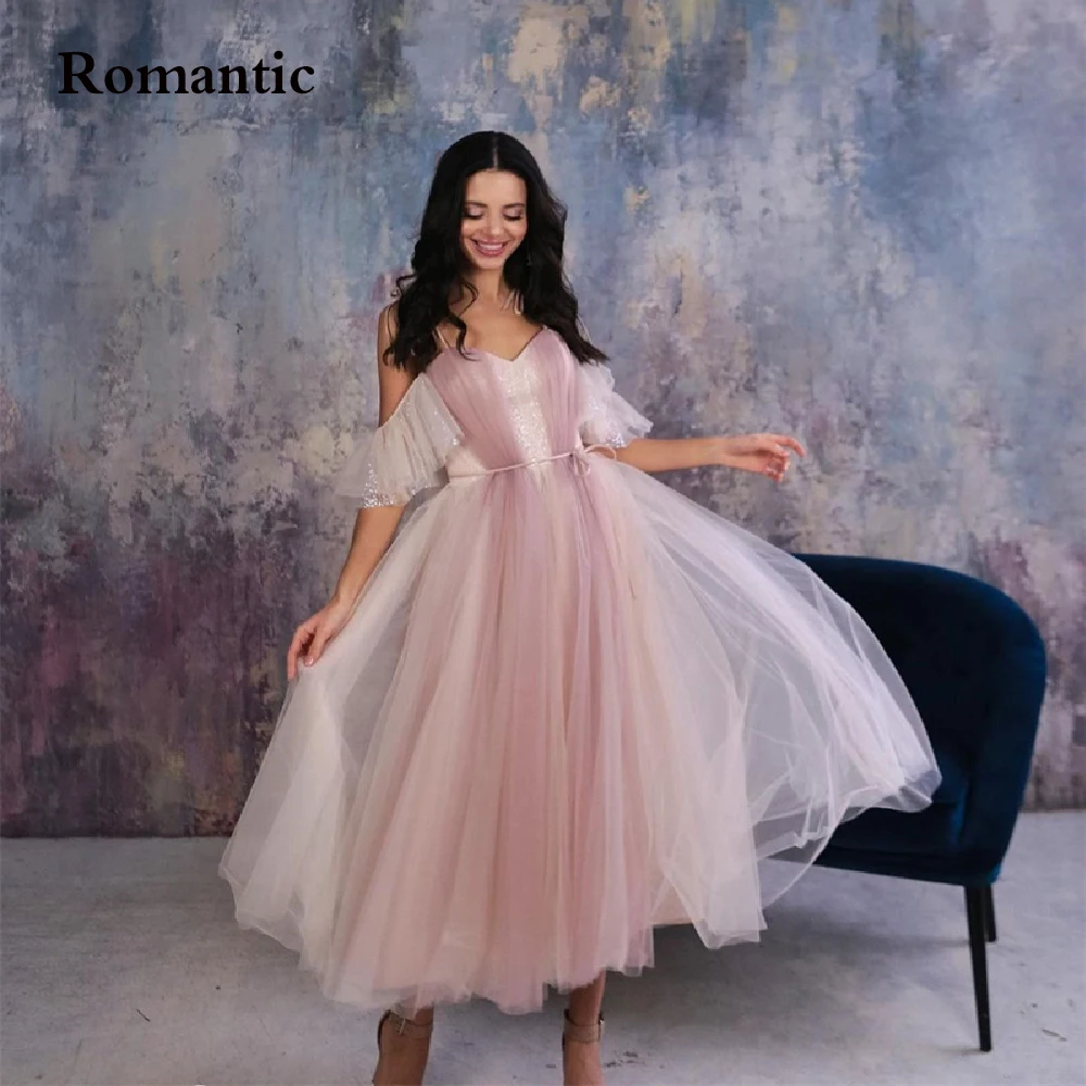 

Romantic Pink Tulle Glitter A Line Evening Dress Spaghetti Strap Sweetheart Tea Length Short Prom Dress Wedding Gowns For Women