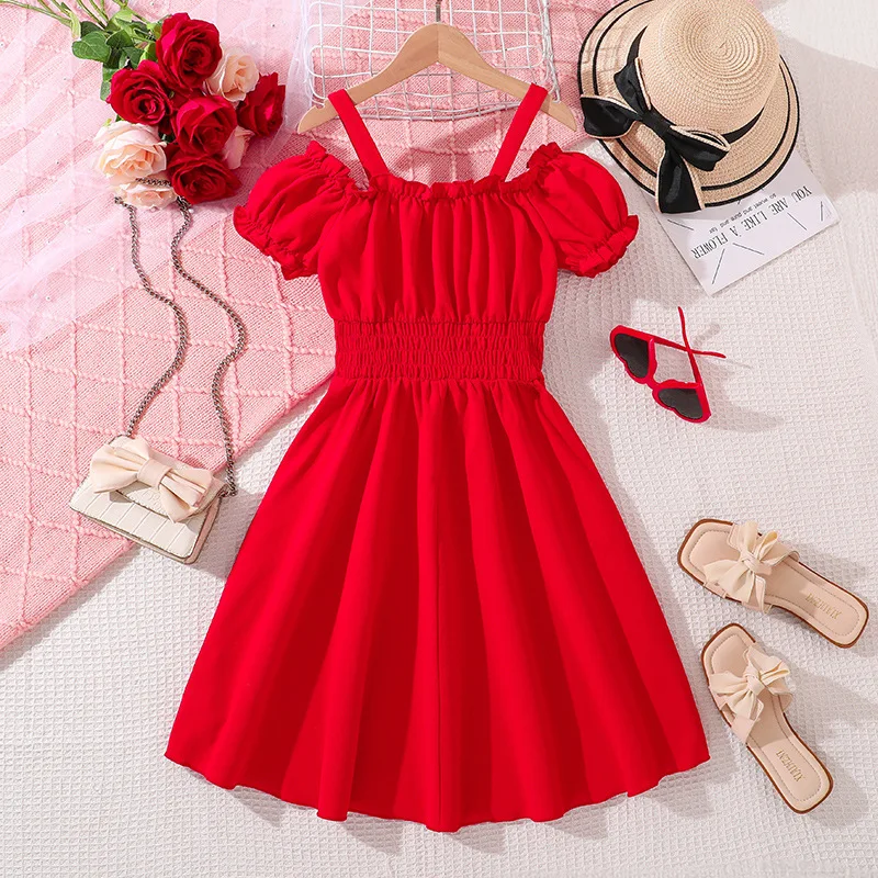 2025 New Arrival Girls Short Sleeve Ruffles Red Menina Cute Holiday Night Party Princess Dress Custume 8-12T