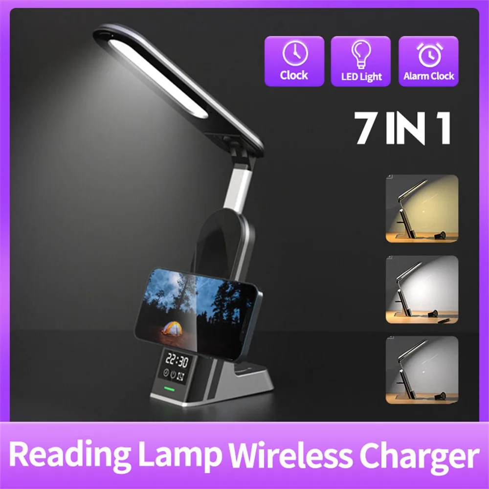 LED Dimmable Table Lamp Wireless Charger For iPhone 14 13 12 X Pro Max 7 in 1 Fast Charging Dock Station For Apple Watch Airpods