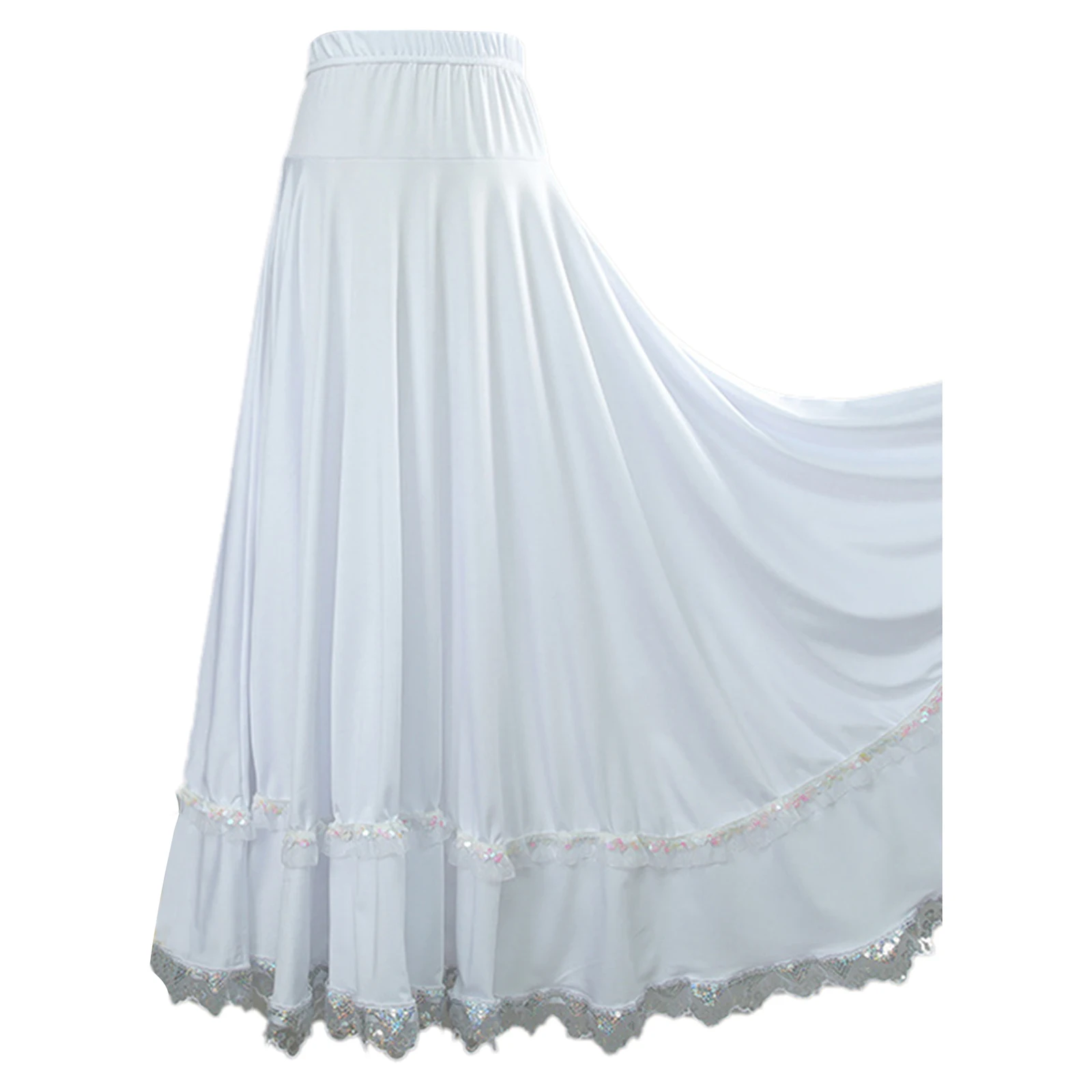 Damska spódnica do flamenco hiszpańskiego Paso Doble, pełna okrągła spódnica maxi z wysokim stanem i falbanami, kostium do tańca towarzyskiego z kwadratowym brzuchem.