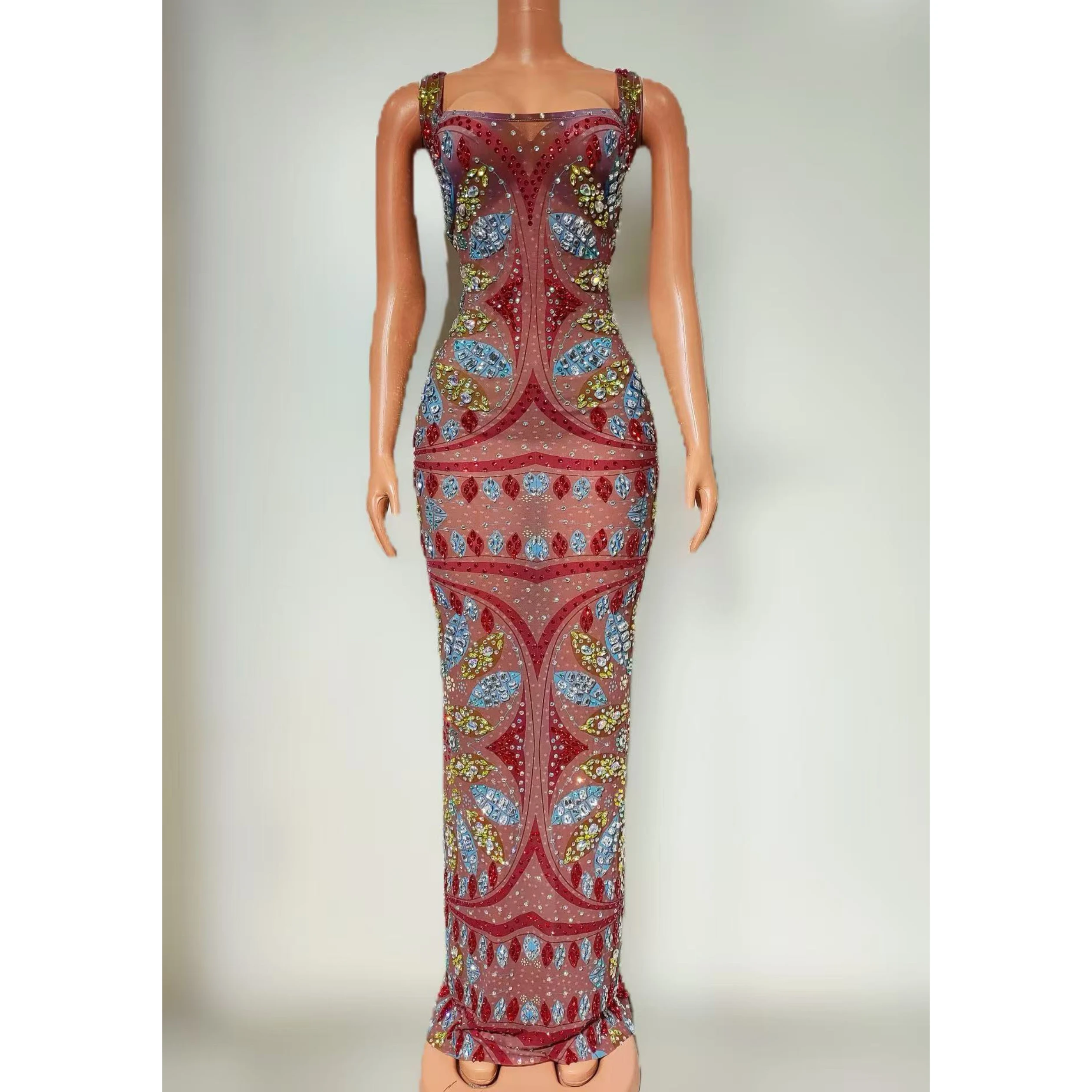 

Women Flashing Diamonds Sexy See Through Dress Nightclub Performance Custome Stage Wear Elegant Prom Evening Party Dresses ﻿