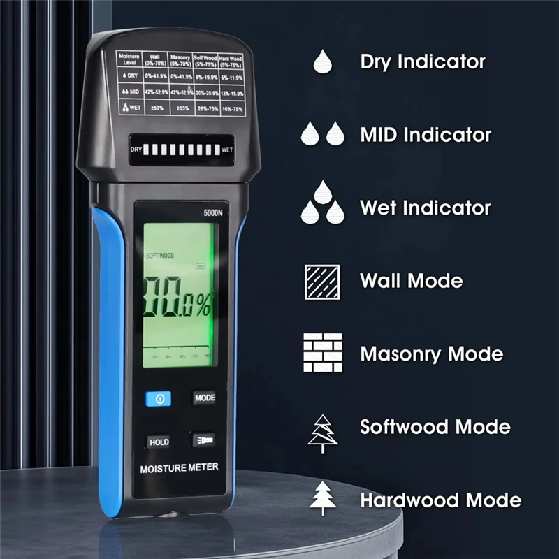 

AT29-Wall Moisture Meter Auto Alert Rechargeable Moisture Meter 4-In-1 Wood Drywall Moisture Tester , 0-75% Range HP-5000N
