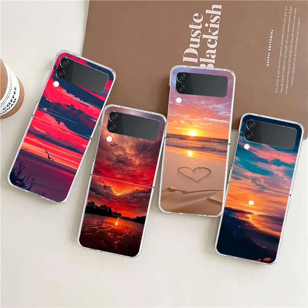 Beach Dusk Sky For Samsung Galaxy Z flip 4 Bag Transparent Phone Cover For Galaxy Z Flip 3 Case Shockproof Hard PC Shell Capas