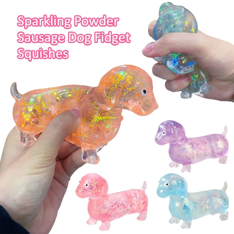 Glitter Powder Sausage Dog Squishy Toy, Maltose Soft Slow Rising Puppy Pinch Toy, Cute Stress Relieving Sensory Fidget Toy