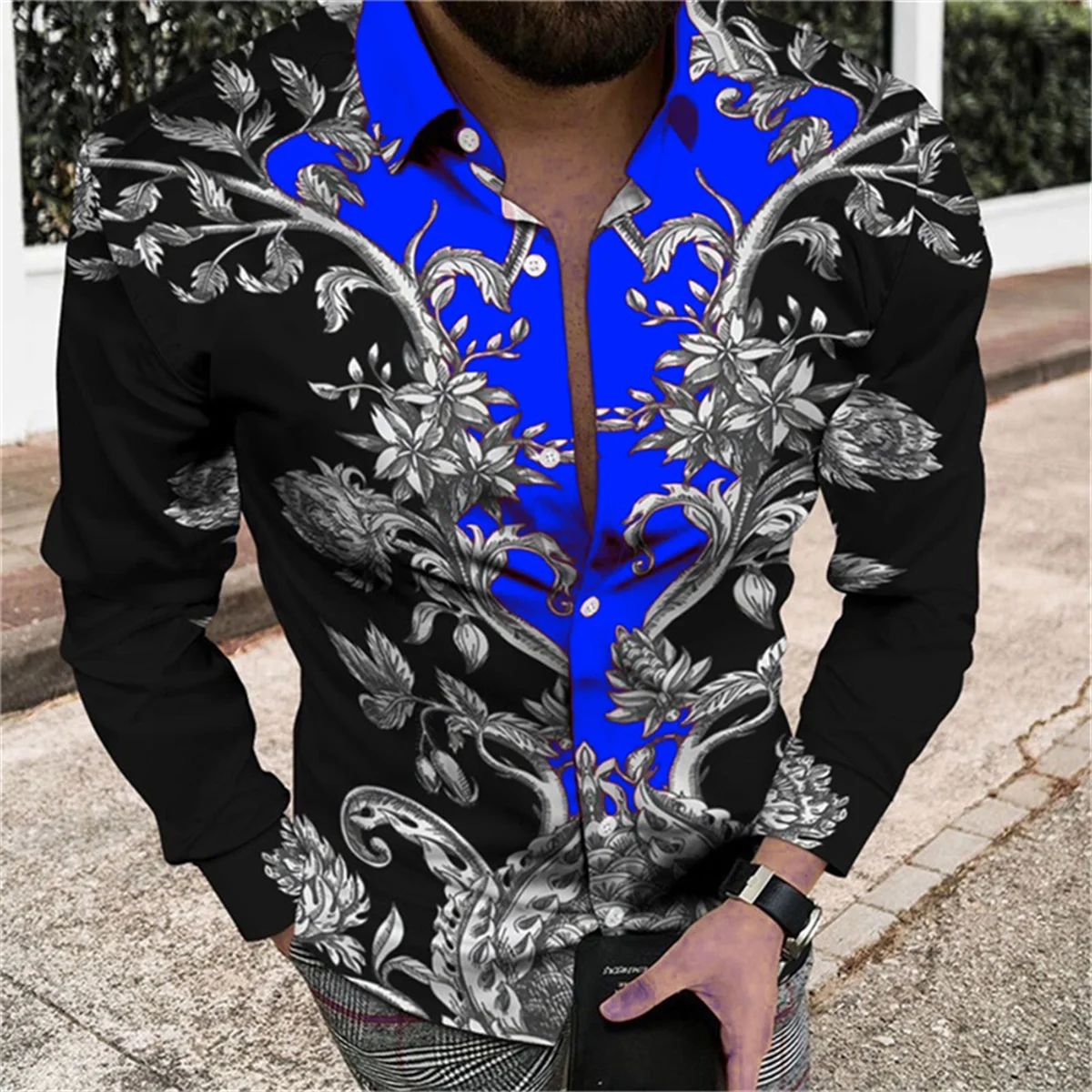 Camisa de manga comprida padrão textura floral masculina, top estampado 3D, moda casual, roupas unissex, primavera, outono, novo, 2024