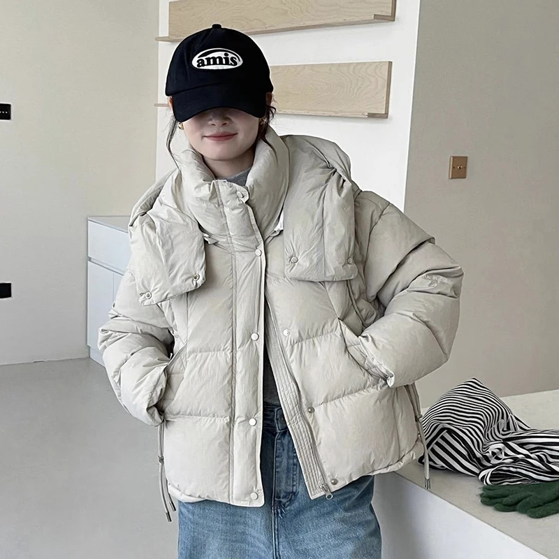 الشتاء انفصال مقنعين قصيرة الدافئة أسفل سترة المرأة الأبيض بطة أسفل باركر أبلى الإناث سميكة فضفاضة سترات بسحاب عادية