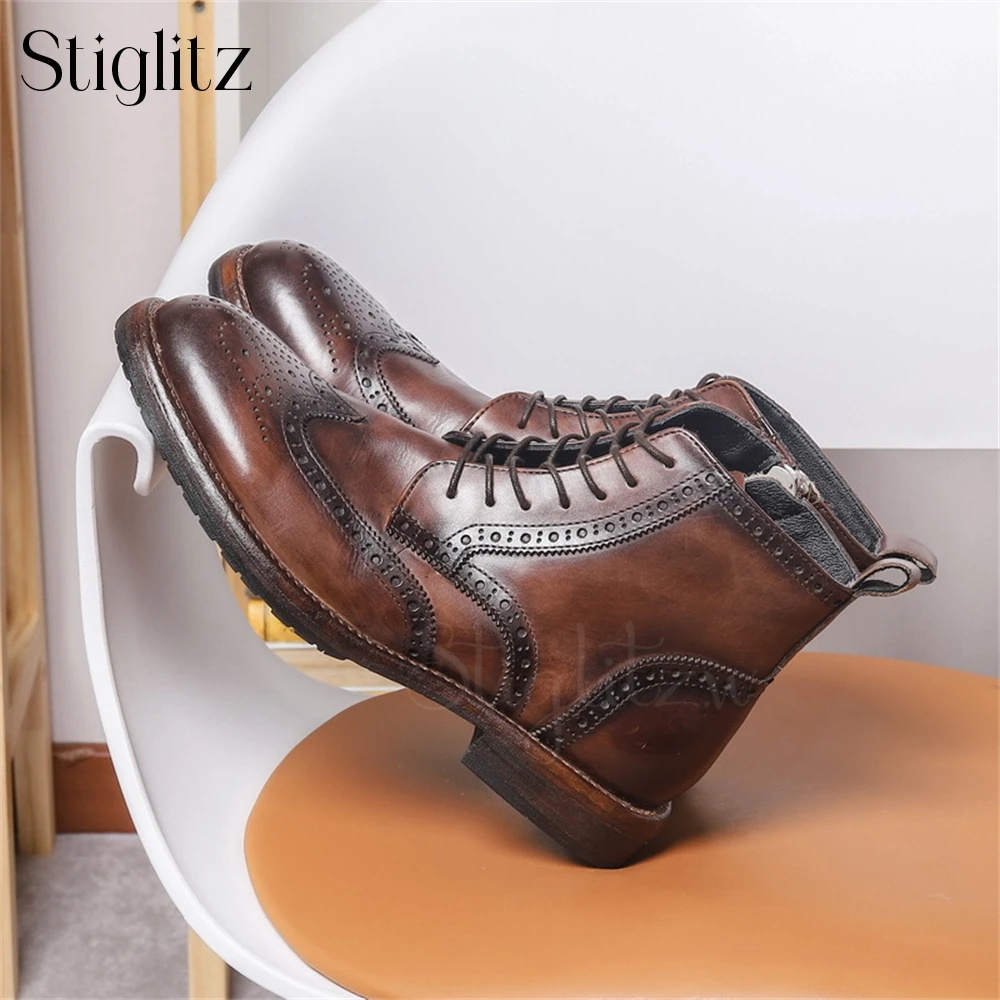 Vintage Style Brogues Booties Carved Punk Motorcycle Boots British Style Lace-Up Ankle Boots Brown Genuine Leather Casual Shoes