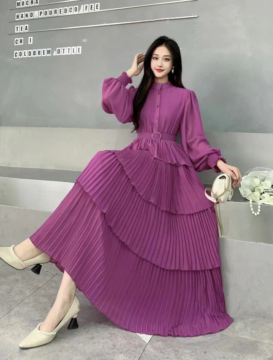 2024 New Spring Autumn Women Long Sleeve Belt Slim Long Dress High Quality Sweet Pleated Cake Hem Evening Party Dress