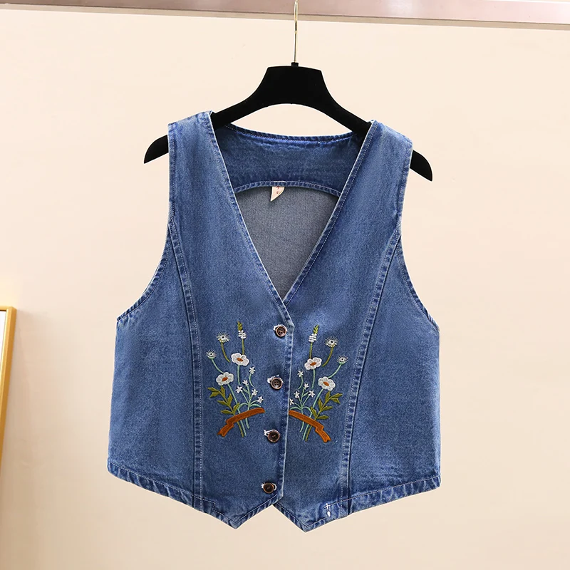 Vintage Blauwe Bloem Borduren Denim Vest Vrouwen Korte Cowboy Vest Lente Zomer Dunne V-hals Mouwloze Jeans Jas Vrouwelijke