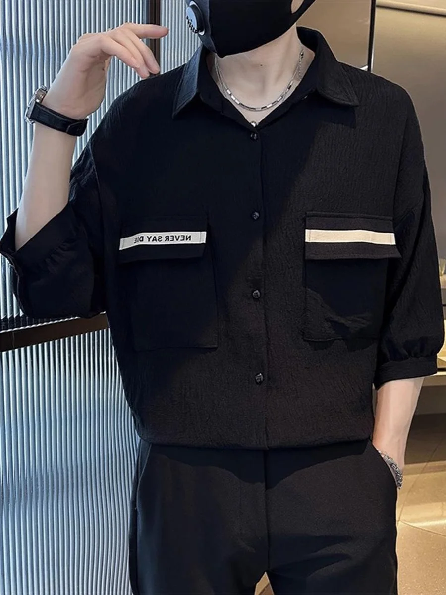 

Модная мужская рубашка из ледяного шелка с коротким рукавом, в стиле британского шика, свободного кроя, летняя, молодежная, на пуговицах