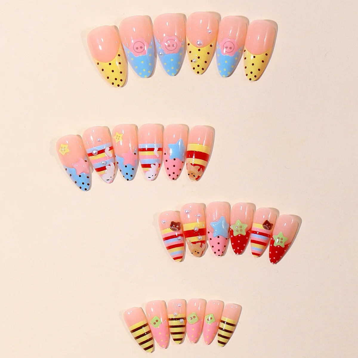 24pcs Colorful Stripes Polka Dot French False Nails 3D Cartoon Button Star Cat Designs Prss On Nails Wearable Almond Fake Nail