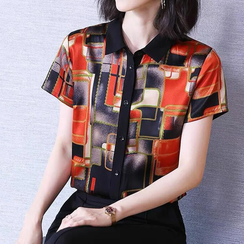 Summer All-match Printing Turn-down Collar Short Sleeve Blouse Women Clothes Fashion Buttons Shirts Ladies Elegant Patchwork